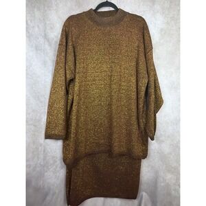 VTG 80s Mathias Bronze Gold‎ Metallic Sparkle Tunic Sweater Skirt Set Womens 1X